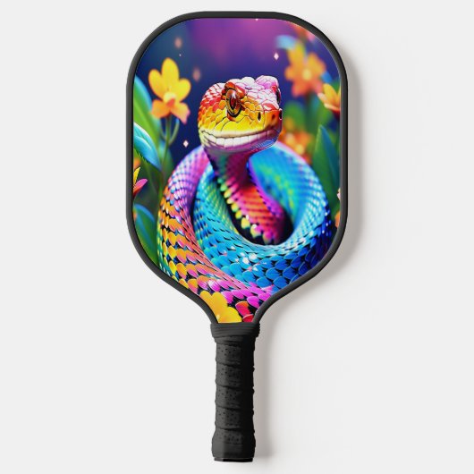 Cobra slang met levendige turquoise roze en geel pickleball paddle (Achterkant)
