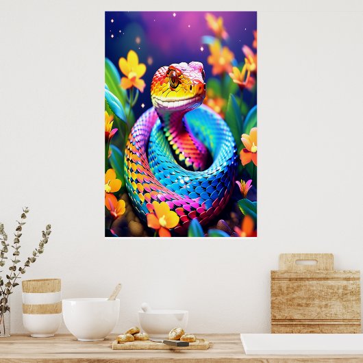 Cobra slang met levendige turquoise roze en geel poster (Keuken)