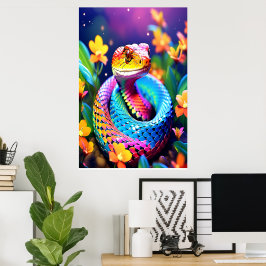 Cobra slang met levendige turquoise roze en geel poster
