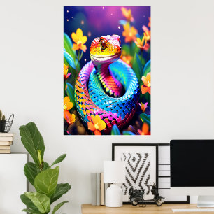 Cobra slang met levendige turquoise roze en geel poster