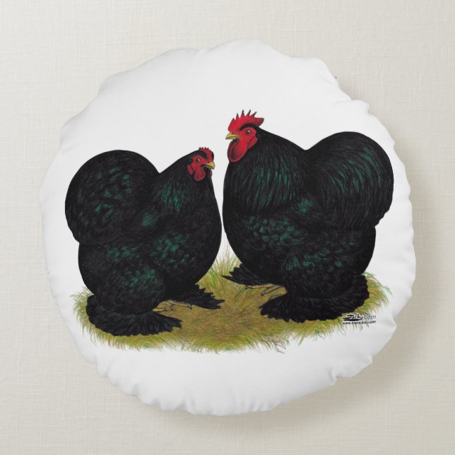 Cochins Black Bantam Pair Rond Kussen (Achterkant)