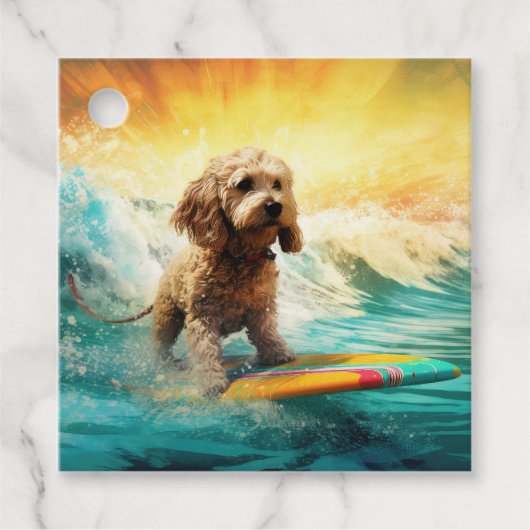 Cockapoo Beach Surfen Schilderij Bedankjes Labels (Voorkant)