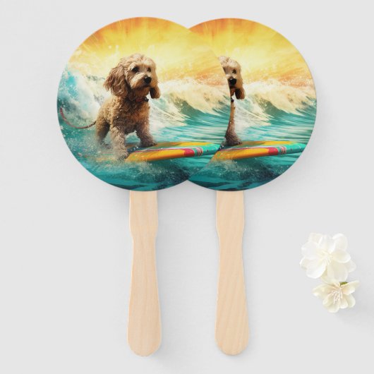 Cockapoo Beach Surfen Schilderij Handwaaier (Voorkant en achterkant)