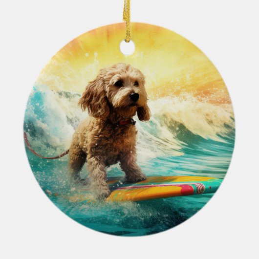 Cockapoo Beach Surfen Schilderij Keramisch Ornament (Achterkant)