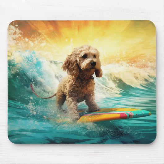 Cockapoo Beach Surfen Schilderij Muismat (Voorkant)