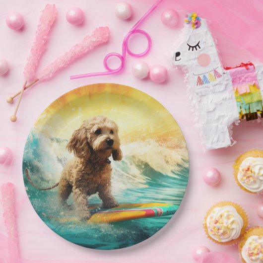 Cockapoo Beach Surfen Schilderij Papieren Bordje (Feest)