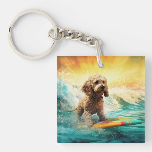 Cockapoo Beach Surfen Schilderij Sleutelhanger (Voorkant)