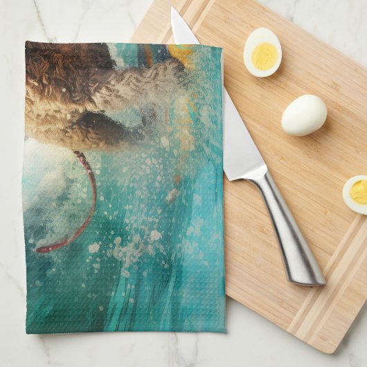 Cockapoo Beach Surfen Schilderij Theedoek (Quarter Fold)