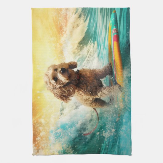 Cockapoo Beach Surfen Schilderij Theedoek (Verticaal)