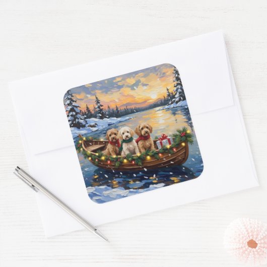 Cockapoo Christmas Boat Holiday Vierkante Sticker (Envelop)