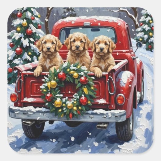Cockapoo Christmas Red Truck Holiday Vierkante Sticker (Voorkant)