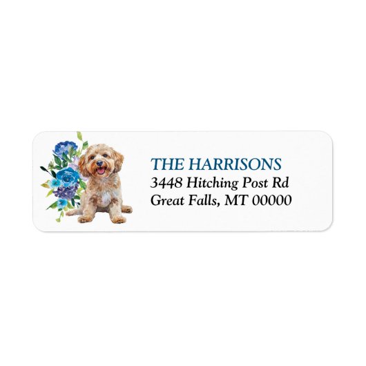 Cockapoo Dog Blue Floral Retouradres Etiket (Voorkant)