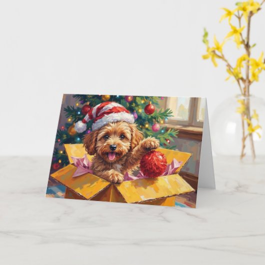 Cockapoo Dog Christmas Gift Box Surprise Kaart (Gele Bloem)