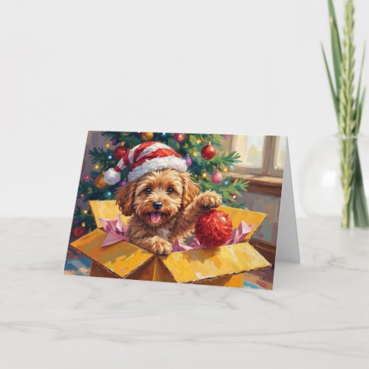 Cockapoo Dog Christmas Gift Box Surprise Kaart (Voorkant)