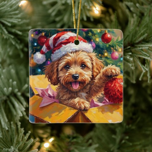 Cockapoo Dog Christmas Gift Box Surprise Keramisch Ornament (Boom)
