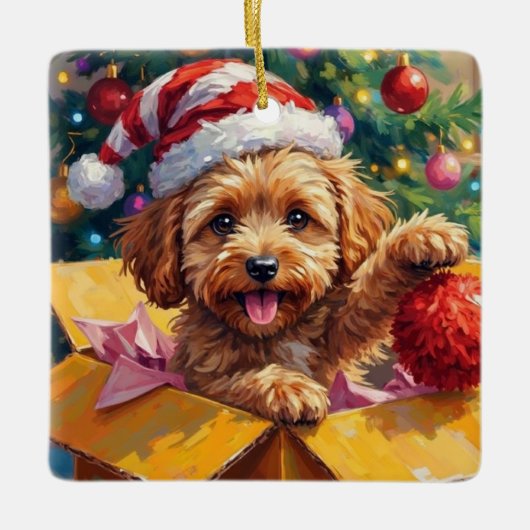 Cockapoo Dog Christmas Gift Box Surprise Keramisch Ornament (Voorkant)