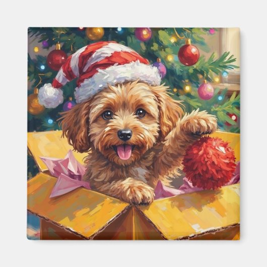 Cockapoo Dog Christmas Gift Box Surprise Magneet (Voorkant)