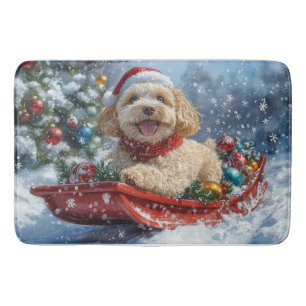 Cockapoo Dog in Sledge Laat het Sneeuw Kerstmis Badmat