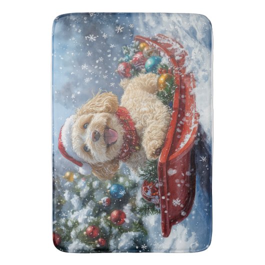 Cockapoo Dog in Sledge Laat het Sneeuw Kerstmis Badmat (Voorkant Verticaal)