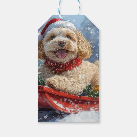Cockapoo Dog in Sledge Laat het Sneeuw Kerstmis Cadeaulabel (Achterkant)