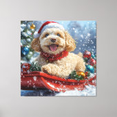 Cockapoo Dog in Sledge Laat het Sneeuw Kerstmis Canvas Afdruk (Voorkant)