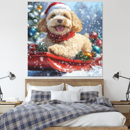 Cockapoo Dog in Sledge Laat het Sneeuw Kerstmis Canvas Afdruk (Insitu (Slaapkamer))