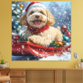 Cockapoo Dog in Sledge Laat het Sneeuw Kerstmis Canvas Afdruk (Insitu (Woonkamer))