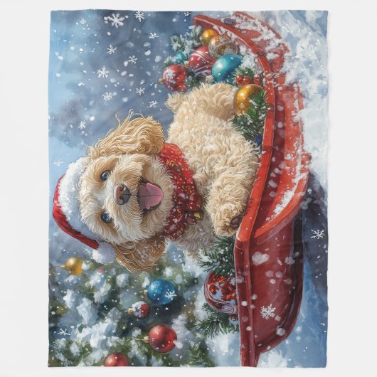 Cockapoo Dog in Sledge Laat het Sneeuw Kerstmis Fleece Deken (Voorkant)