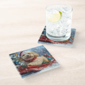 Cockapoo Dog in Sledge Laat het Sneeuw Kerstmis Glazen Onderzetter (Schuin)