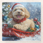 Cockapoo Dog in Sledge Laat het Sneeuw Kerstmis Glazen Onderzetter (Voorkant)