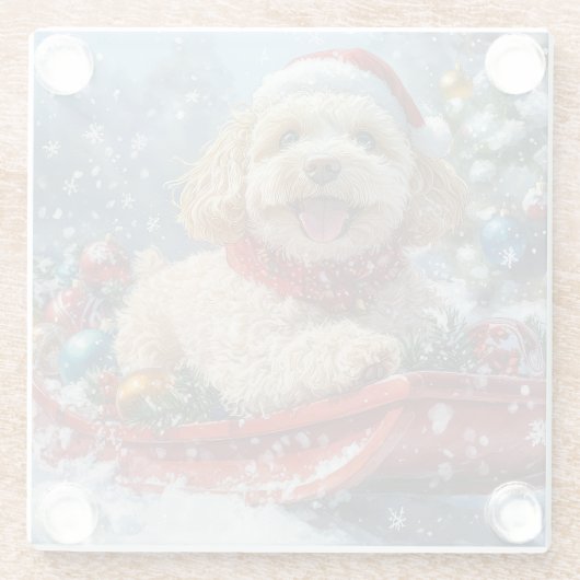 Cockapoo Dog in Sledge Laat het Sneeuw Kerstmis Glazen Onderzetter (Achterkant)