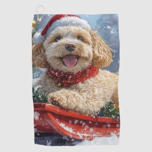 Cockapoo Dog in Sledge Laat het Sneeuw Kerstmis Golfhanddoek (Voorkant)