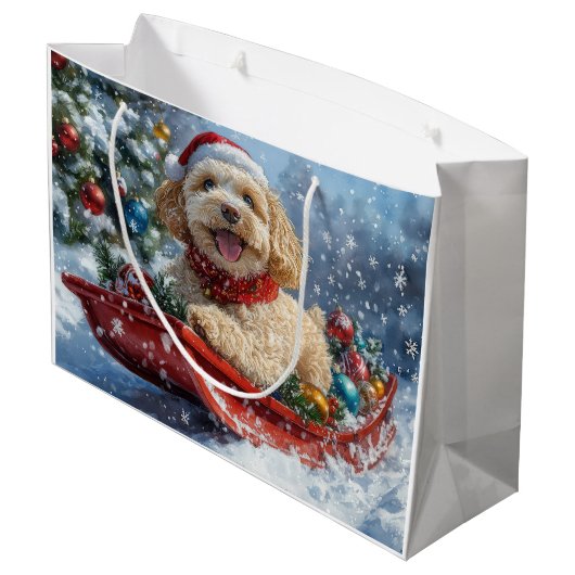 Cockapoo Dog in Sledge Laat het Sneeuw Kerstmis Groot Cadeauzakje (Achterkant Gekanteld)