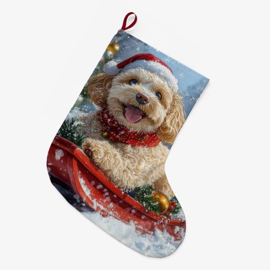 Cockapoo Dog in Sledge Laat het Sneeuw Kerstmis Grote Kerstsok (Voorkant (Hangend))