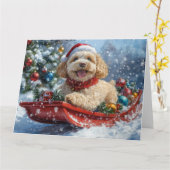 Cockapoo Dog in Sledge Laat het Sneeuw Kerstmis Kaart (Gele Bloem)