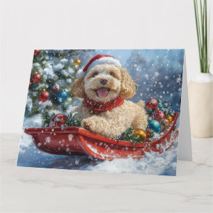 Cockapoo Dog in Sledge Laat het Sneeuw Kerstmis Kaart