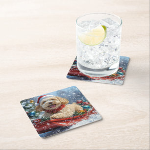 Cockapoo Dog in Sledge Laat het Sneeuw Kerstmis Kartonnen Onderzetters