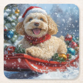 Cockapoo Dog in Sledge Laat het Sneeuw Kerstmis Kartonnen Onderzetters (Voorkant)