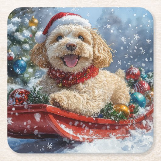 Cockapoo Dog in Sledge Laat het Sneeuw Kerstmis Kartonnen Onderzetters (Voorkant)