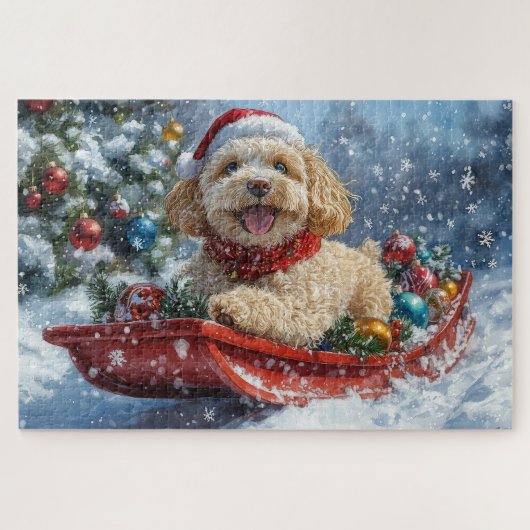 Cockapoo Dog in Sledge Laat het Sneeuw Kerstmis Legpuzzel (Horizontaal)