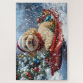 Cockapoo Dog in Sledge Laat het Sneeuw Kerstmis Legpuzzel (Verticaal)