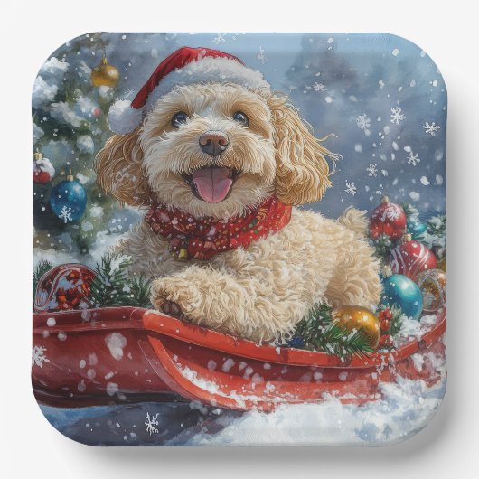 Cockapoo Dog in Sledge Laat het Sneeuw Kerstmis Papieren Bordje (Voorkant)
