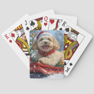 Cockapoo Dog in Sledge Laat het Sneeuw Kerstmis Pokerkaarten
