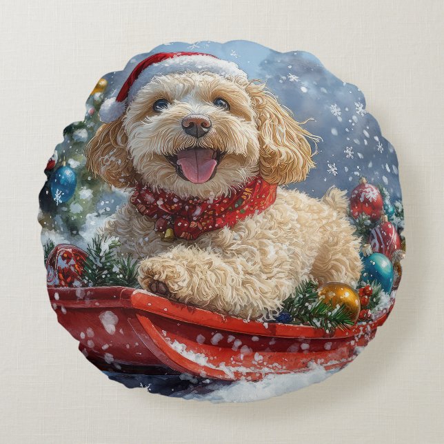 Cockapoo Dog in Sledge Laat het Sneeuw Kerstmis Rond Kussen (Voorkant)