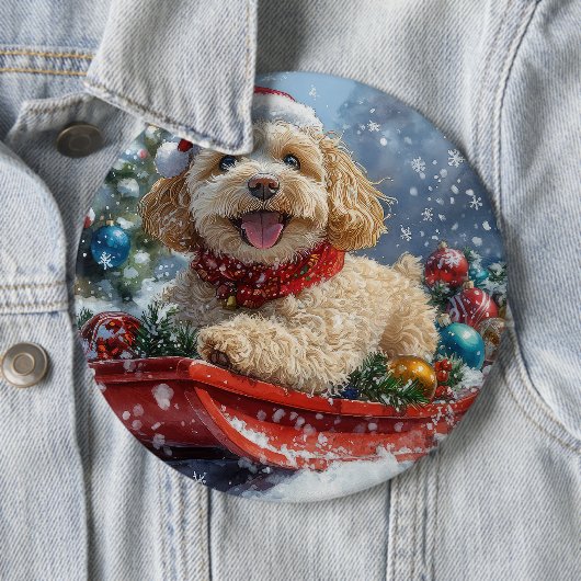 Cockapoo Dog in Sledge Laat het Sneeuw Kerstmis Ronde Button 6,0 Cm (In situ)