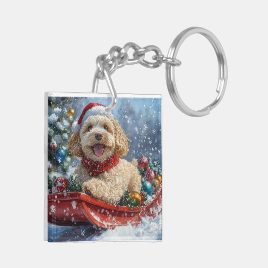 Cockapoo Dog in Sledge Laat het Sneeuw Kerstmis Sleutelhanger (Achterkant Links)