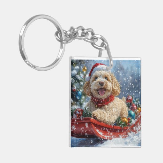 Cockapoo Dog in Sledge Laat het Sneeuw Kerstmis Sleutelhanger (Voorkant Links)