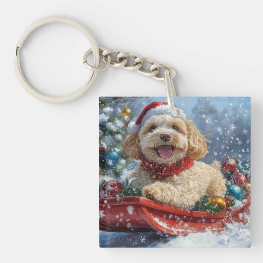 Cockapoo Dog in Sledge Laat het Sneeuw Kerstmis Sleutelhanger (Voorkant)