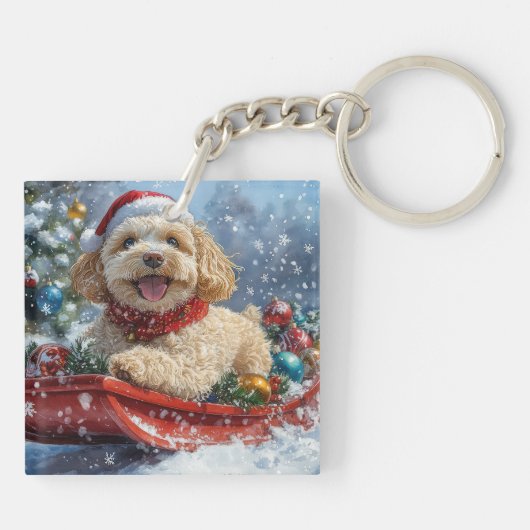 Cockapoo Dog in Sledge Laat het Sneeuw Kerstmis Sleutelhanger (Achterkant)