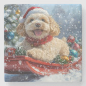 Cockapoo Dog in Sledge Laat het Sneeuw Kerstmis Stenen Onderzetter (Voorkant)